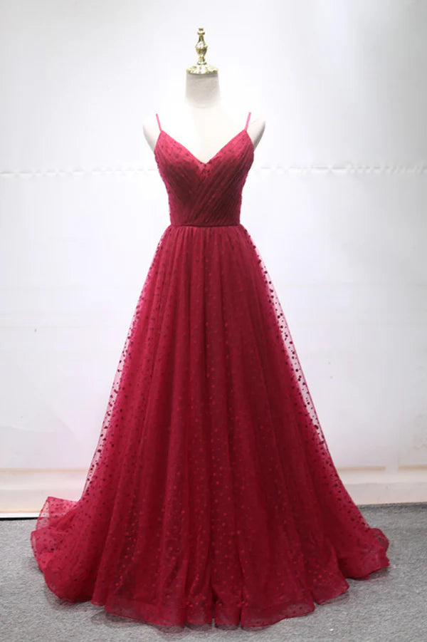 Wholesale Burgundy V-Neck Tulle Long Prom Dress A-Line Backless Evening Party Dress